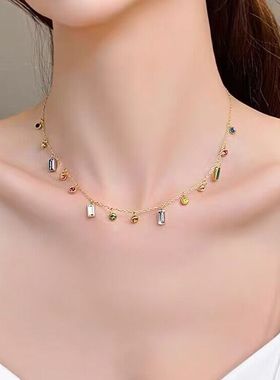 高级感彩色锆石多巴胺项链女钛钢欧美主播锁骨链小众设计个性