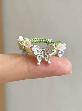 「雨中碧蝶」蝴蝶花朵戒指精致古风编织绿绳新中式食指戒女