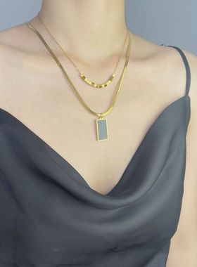 黑色几何方块双层叠戴锁骨链2023新款气质百搭钛钢项链女网红