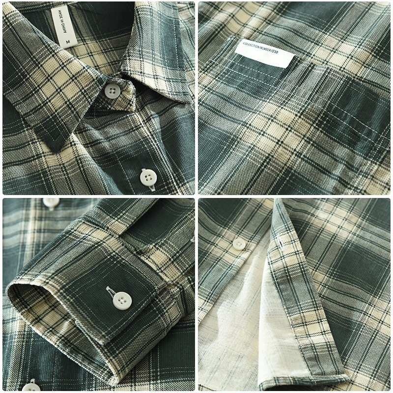 日系复古格子长袖衬衫男士学生潮流百搭休闲青年宽松翻领上衣6963,淘宝优惠券,粉丝福利购,淘宝优惠卷