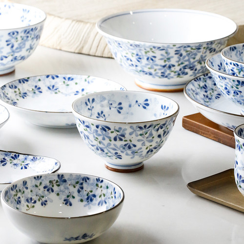 蓝莲花家居日式陶瓷日本进口餐具碗盘套装家用盘子釉下彩小蓝芽碗 - 图0