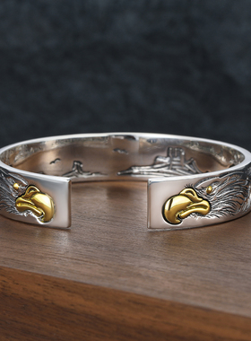925纯银唐草花纹手镯男霸气复古印第安飞鸟点金平打飞鹰开口手环