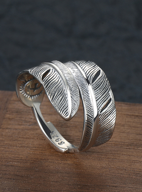 925纯银羽毛戒指手工双色拼接指环男女情侣百搭开口可调节食指戒