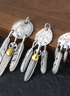 高桥印第安酋长金贝羽毛项链吊坠潮男纯银手工diy做旧复古不掉色