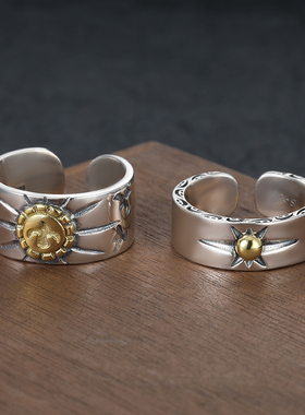 S925纯银高桥太阳射线光芒戒指男士单身潮流小众飞鸟点金羽毛指环