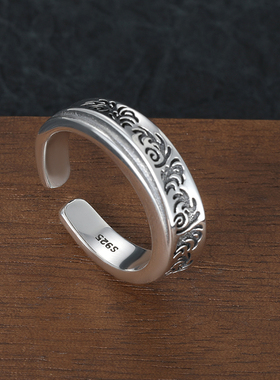 国潮古风唐草纹戒指女S925纯银做旧不掉色开口可调节潮男指环情侣