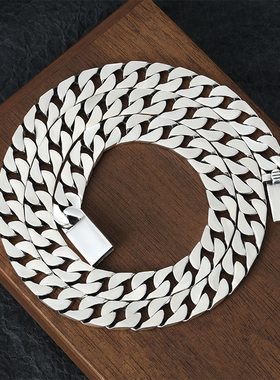 霸气重工S925纯银古巴链男欧美嘻哈平板坦克链情侣潮酷锁骨链裸链