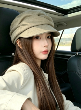 秋冬日系复古短檐报童帽女显脸小