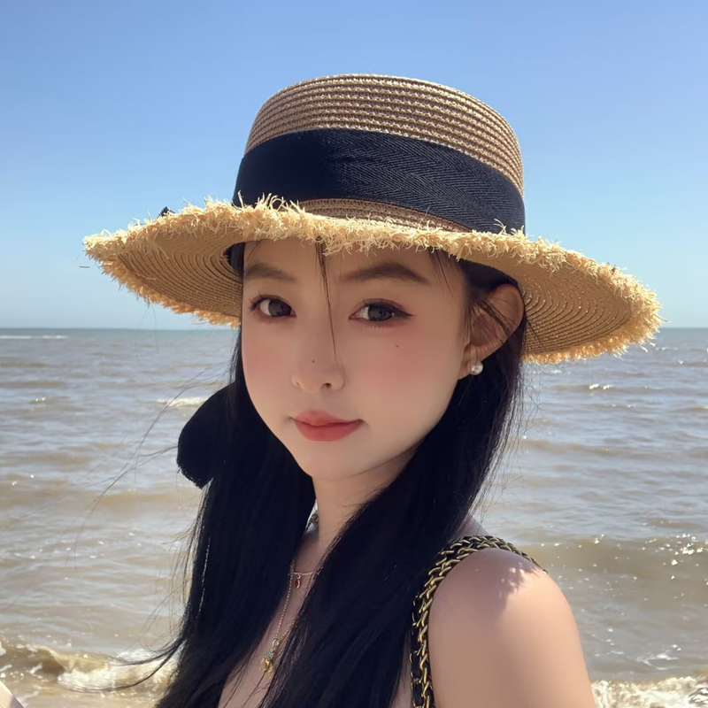 蝴蝶结毛边平顶草帽女夏海边沙滩度假日式夏威夷太阳编织遮阳帽子