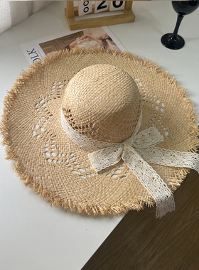 防晒拉菲草帽女蕾丝系带大檐草帽