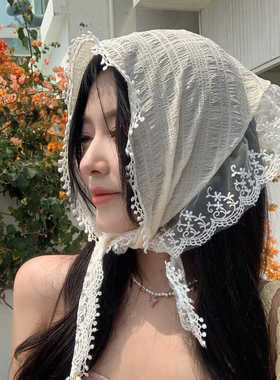 网红蕾丝镂空头巾女包头法式田园白色三角巾夏季海边时尚方巾辣妹