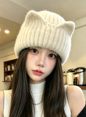 秋冬保暖猫耳针织帽女时尚显脸小