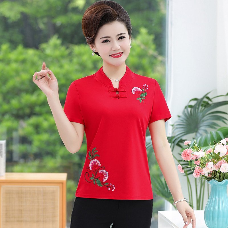 妈妈装夏装民族风短袖T恤刺绣复古半袖打底衫中老年女装刺绣唐装t