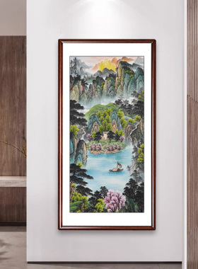 进门玄关装饰挂画纯手绘竖版入户走廊过道山水画西墙中式国画字画