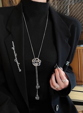 长款毛衣链山茶花吊坠项链装饰品