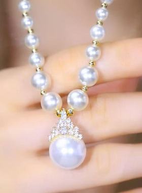 欧美风气质冰雪女王项链奢华白色珍珠镶钻皇冠锁骨链闪亮毛衣链女