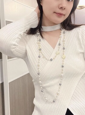长款珍珠太阳花雏菊装饰毛衣链女