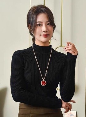 红色玫瑰花吊坠长款毛衣链女挂件