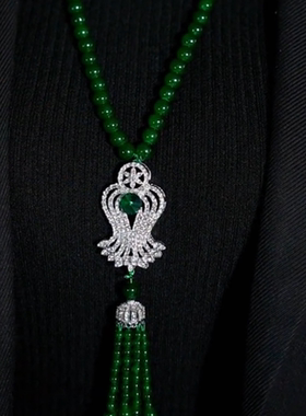 新中式复古绿色串珠毛衣链女满钻流苏大气长款时尚配饰挂件项链女