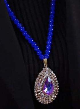 紫色椭圆牌长款水滴毛衣链项链女