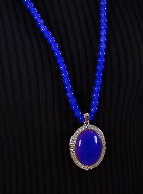 新中式长款毛衣链蓝色椭圆项链女