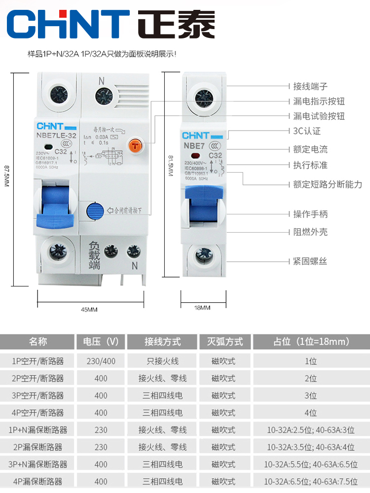 正泰空气开关家用总开32A NBE7LE漏电保护断路器10-63A 三相总闸 - 图1