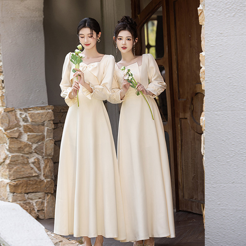 伴娘服姐妹裙新品长袖气质闺蜜装显瘦伴娘团香槟色礼服裙平常可穿 - 图0