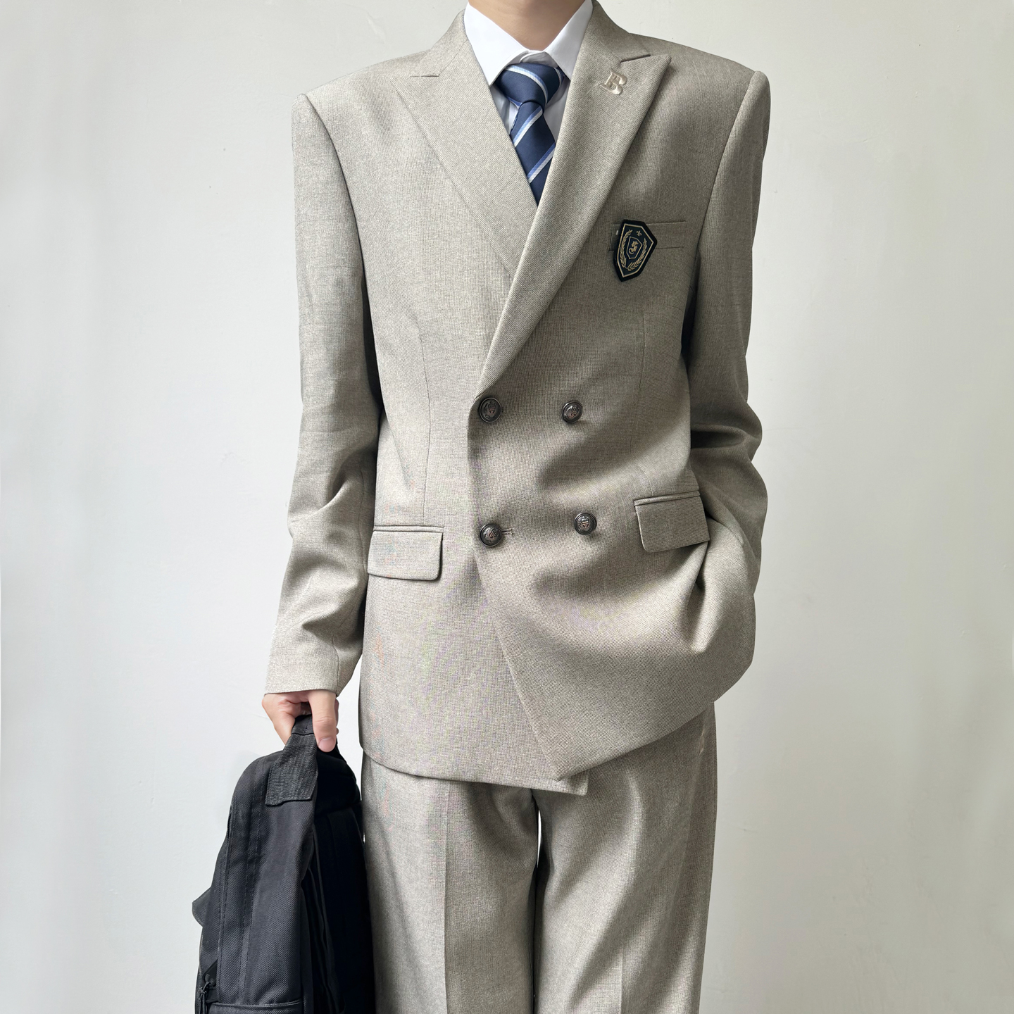 木村叔dk原创日系复古浅卡其双排扣西装秋季戗驳领制服男西服套装 - 图1