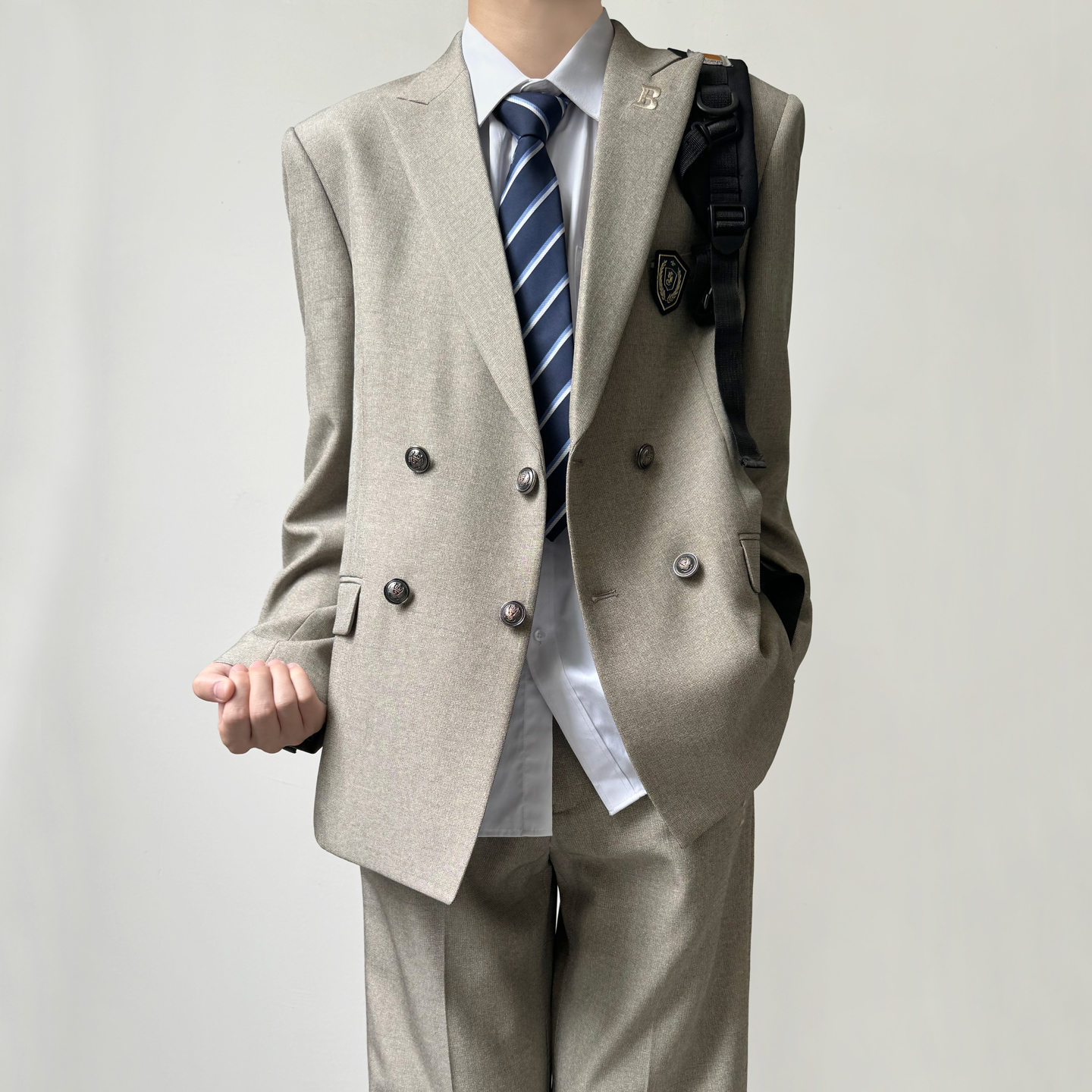 木村叔dk原创日系复古浅卡其双排扣西装秋季戗驳领制服男西服套装 - 图0