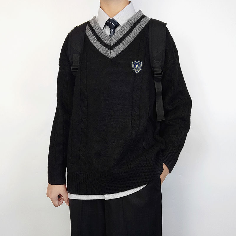 木村叔dk原创V领针织衫毛衣秋冬季青少年中学生日系校供制服男-图2