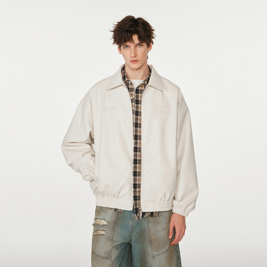 FORNINES刺绣翻领棕色皮衣男女情侣潮牌秋冬pu皮夹克美式复古外套