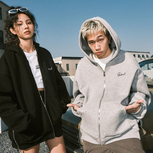FORNINES刺绣重磅拉链灰色卫衣男女潮牌连帽开衫情侣春秋美式外套 - 图0