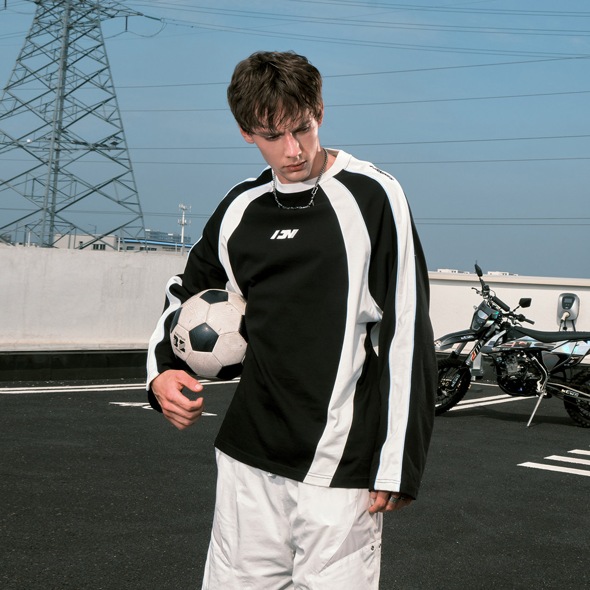 田嘉瑞同款FORNINES美式拼接运动长袖T恤男情侣潮牌重磅春秋卫衣