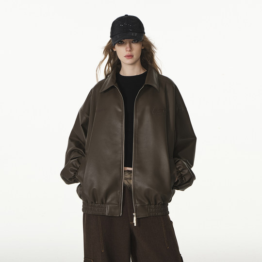 FORNINES刺绣翻领棕色皮衣男女情侣潮牌秋冬pu皮夹克美式复古外套
