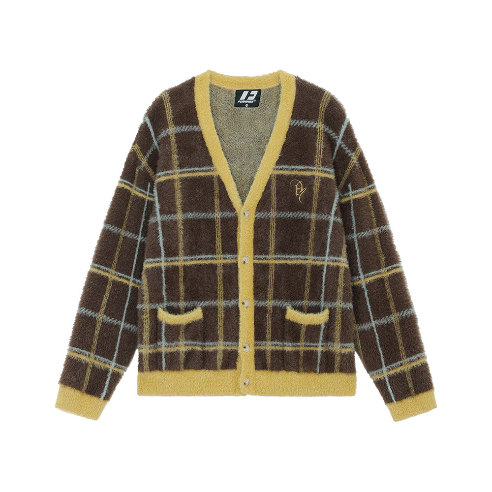 FORNINES仿貂毛V领慵懒格子开衫毛衣男女潮牌秋冬情侣针织衫外套,淘宝优惠券,粉丝福利购,淘宝优惠卷