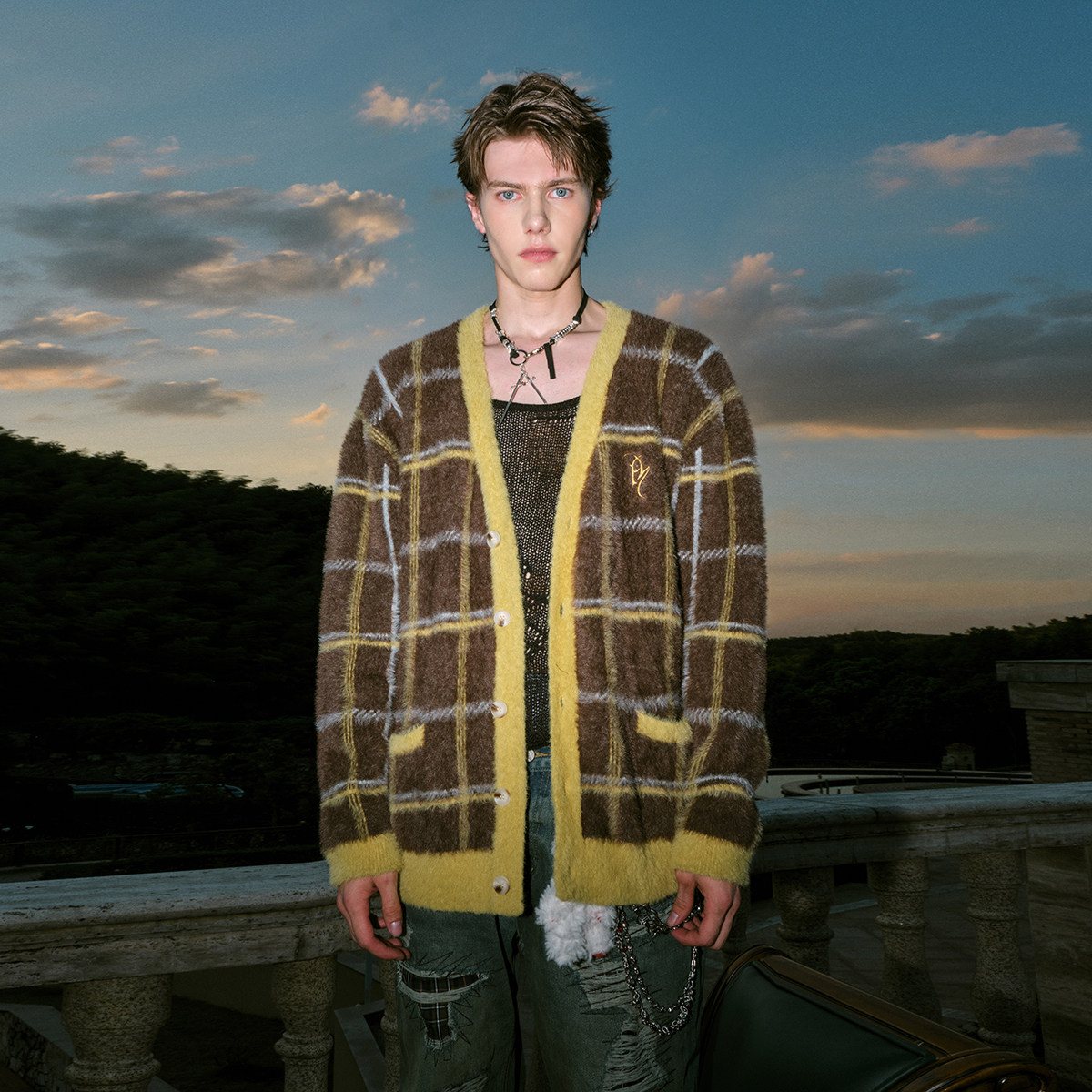 FORNINES仿貂毛V领慵懒格子开衫毛衣男女潮牌秋冬情侣针织衫外套,淘宝优惠券,粉丝福利购,淘宝优惠卷