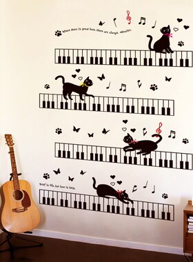 钢琴键盘猫咪音乐可爱风墙贴画