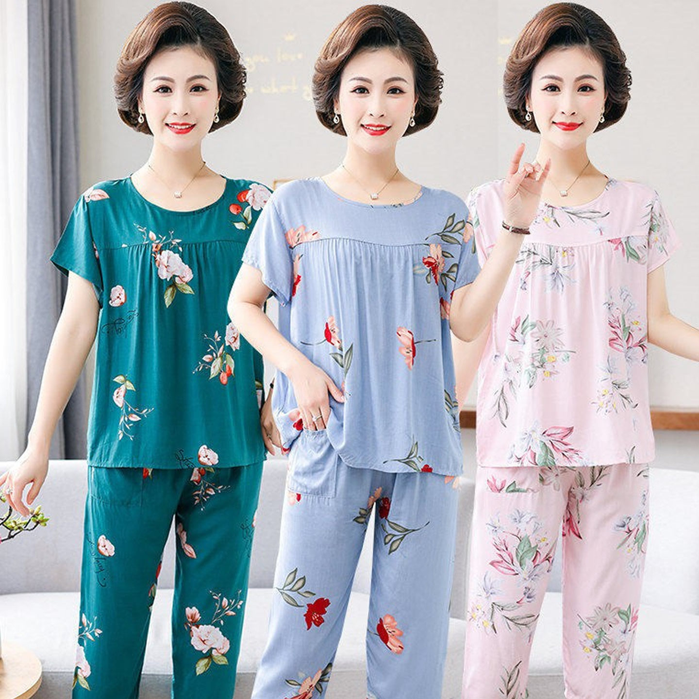 Women's summer short-sleeved cotton pajamas for middle-aged and elderly people