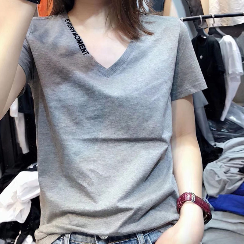 恤女字母刺绣百搭显瘦潮 T 领短袖 V 夏装新款纯棉宽松 2019 韩国东大门 恤女字母刺绣百搭显瘦潮 T 领短袖 V 夏装新款纯棉宽松 2019 韩国东大门