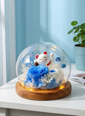 永生花招财猫摆件玫瑰真花干花礼盒家居开业礼品批发亚马逊跨境