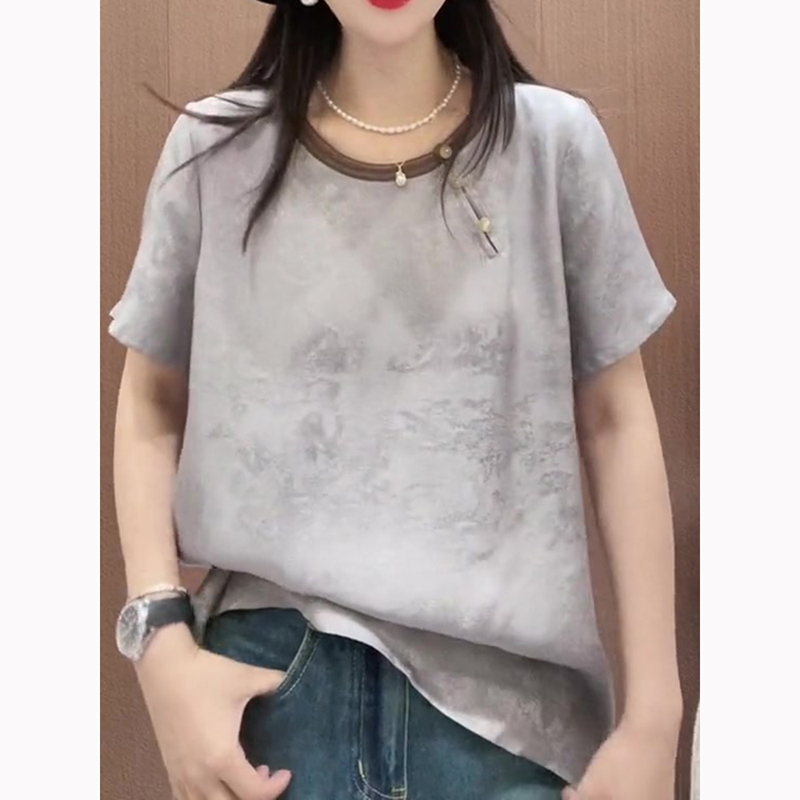 MISS自制大码灰色圆领短袖T恤女夏季爆款新中式轻奢提花丝滑上衣 - 图1