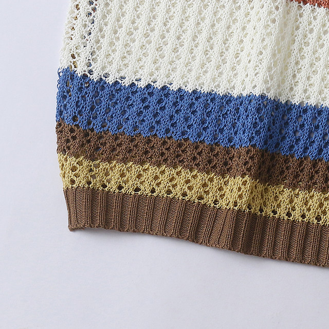 J5124 ການຄ້າຕ່າງປະເທດແມ່ຍິງ sleeveless Hollow Knitted Vest Summer ຮູບແບບໃຫມ່ Round Neck Breathable Color Matching Loose Vest