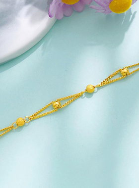 黄金双链圆珠手链 999足金路路通5G爱心转运珠双层光珠手串送女友