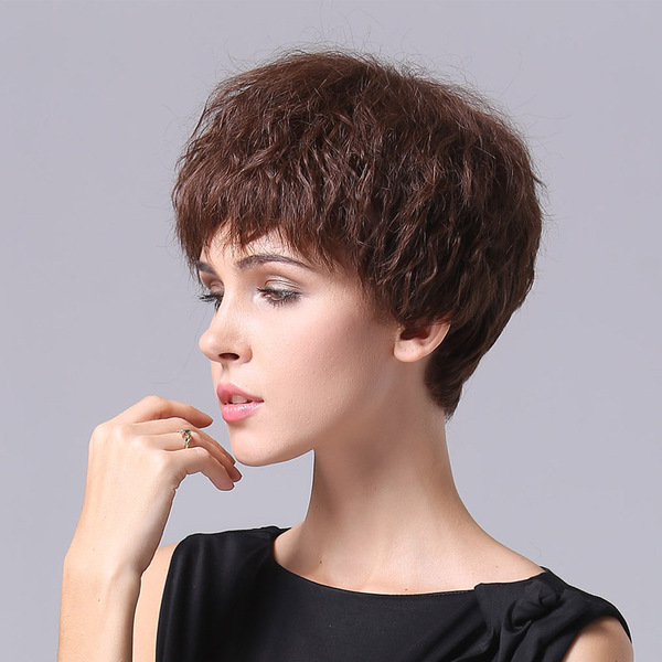 高贵真发假发女短卷发真人发圆脸妈妈蓬松小波