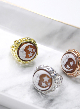 贝雕星月戒指纯银鸡尾酒戒