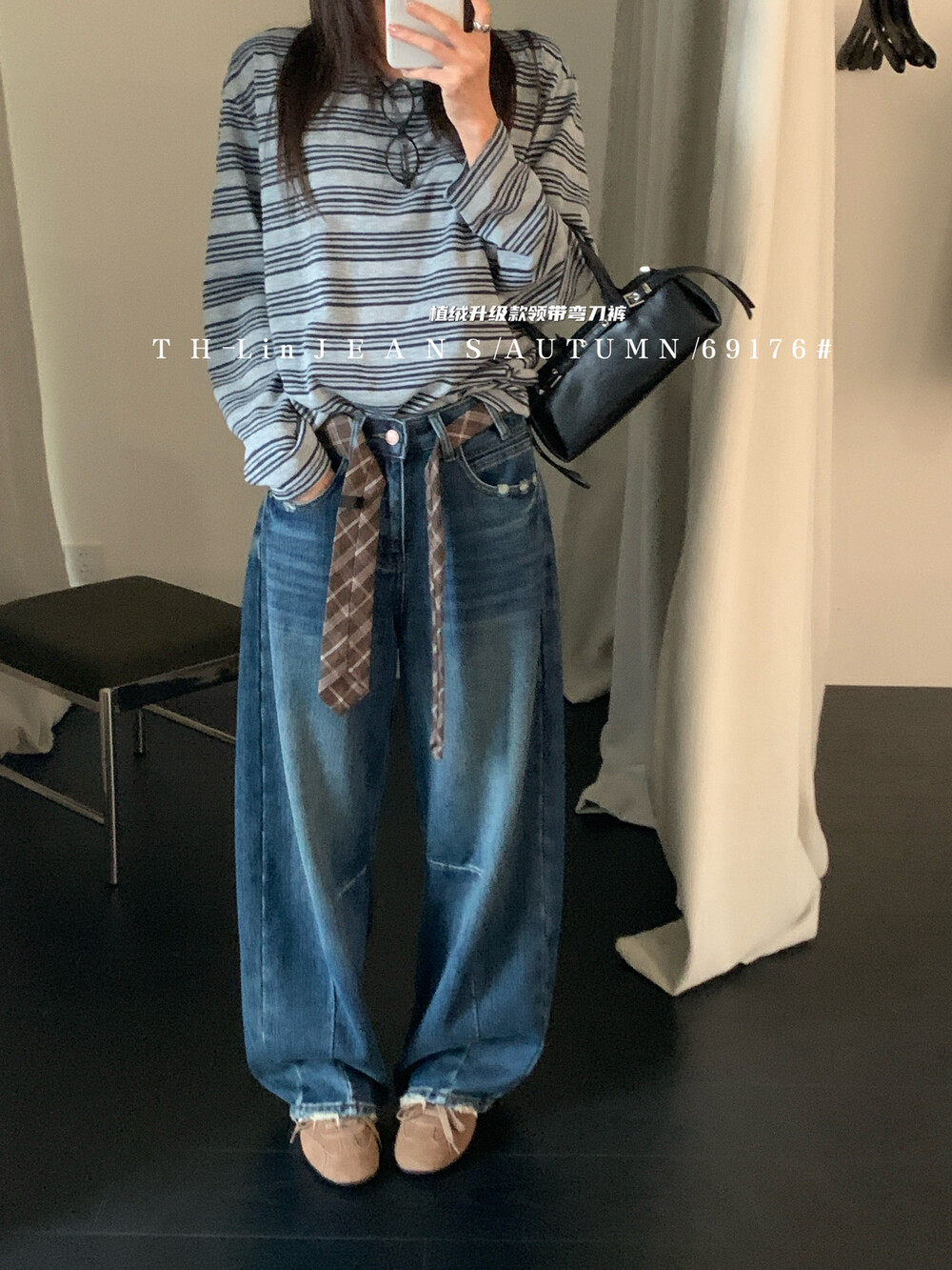 热销冬季新款植绒黑金宽松百搭休闲褶皱个性阔腿弯刀直筒牛仔裤女