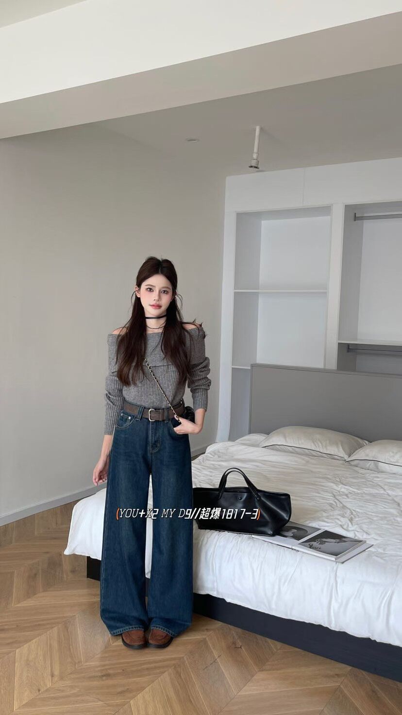 韩系热销高腰直筒牛仔裤女冬季新款植绒宽松显瘦休闲窄版阔腿裤