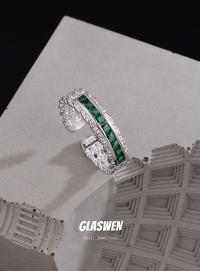 个性网红绿钻锆石蕾丝戒指女复古时尚排钻开口指环感文艺配饰