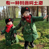 Toddler Tohoku Green cotton padded jacket for male and female Boy Scouts Winter coat Children winter gush and cold medium long cotton coat