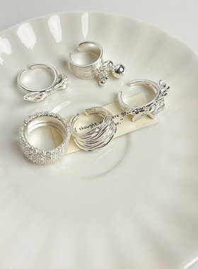 ins轻奢风蝴蝶结镀银合金戒指小众感开口指环宽版简约食指戒